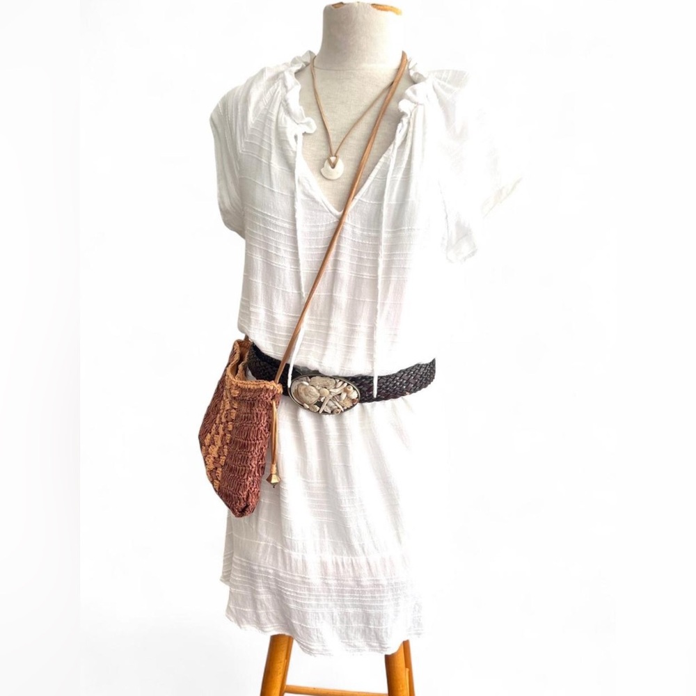 cloth & stone White Mini Dress with Brown Woven Belt & Tan Crochet Crossbody